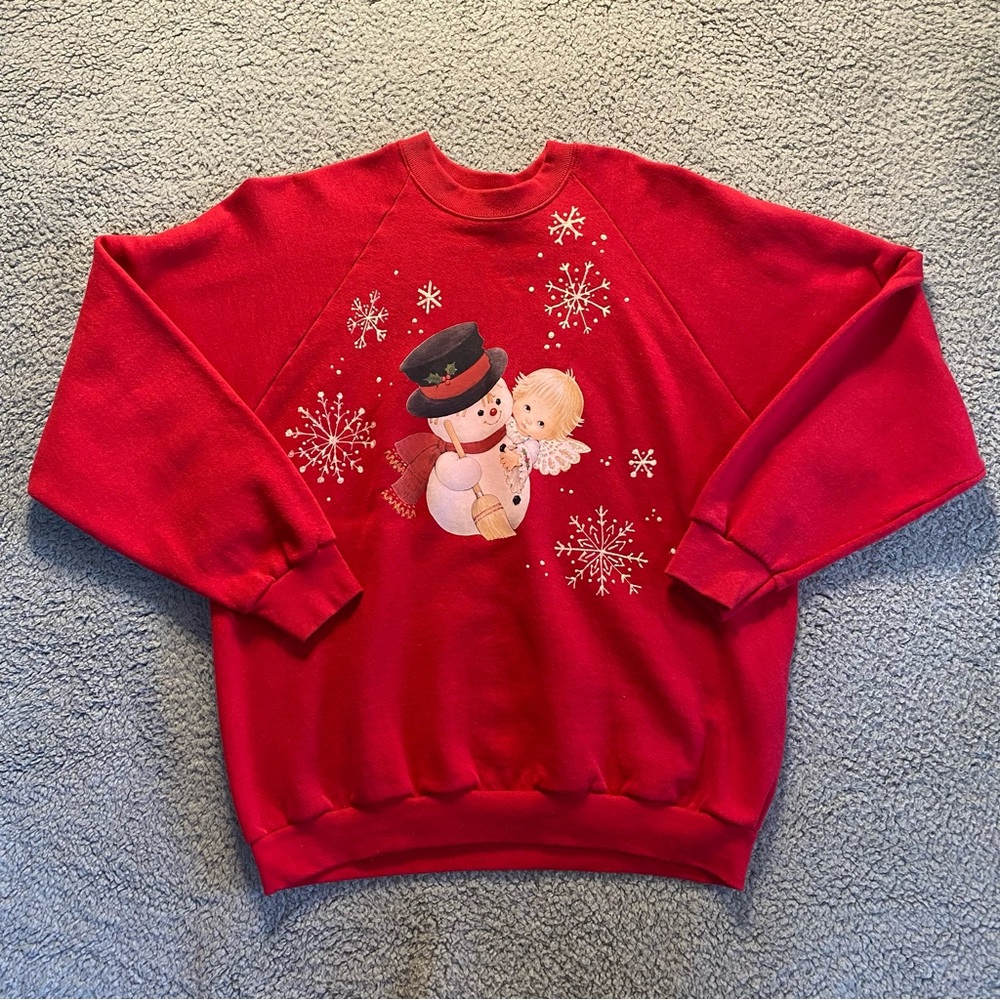 Vintage 90s Embroidered Snowman/Angel Christmas Sweatshirt XL Fruit Of A Loom